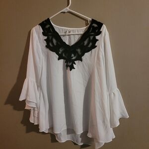 EST. 1946 Elegant White Blouse with Black Detailing M